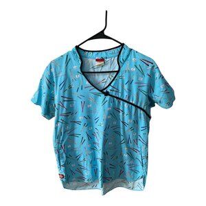 Vintage Early 2000s Dickies Turquoise Chopsticks Print Scrub Top Medium Large